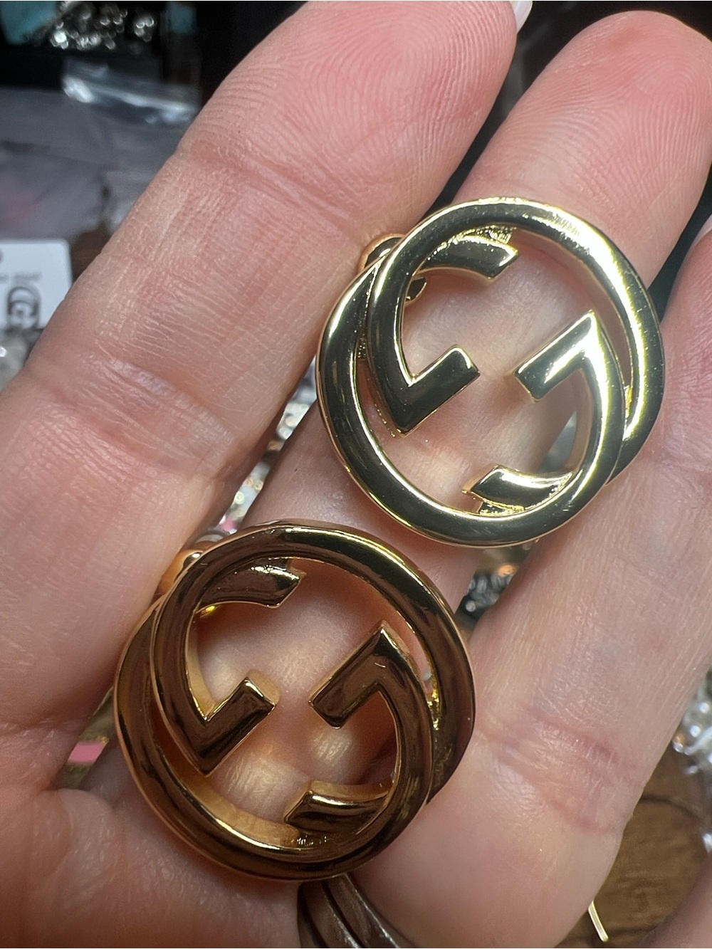 Gold Double G Round Logo Post On Earrings - Picture 2 of 5